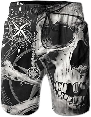 YUAN TING Men's Boy's Casual Novelty Beach Shorts Swim Trunk Retro Swimming Trunks Pirate And Skull Compass
