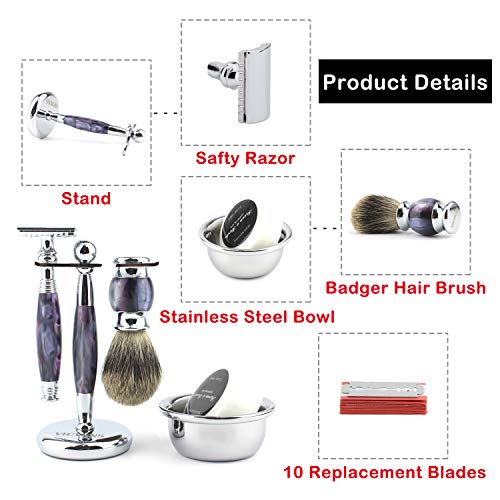 VICYUNS Luxury Grooming Shaving Set for Men Including Double-sided Razor, Allergy Shaving Soap, Stainless Steel Mirror Bowl, Hair Shaving Brush,10 Replacement Blades (Purple)