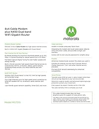 Motorola puerta de enlace de cablemódem de 8 x 4 + N450 GigE router Wi-Fi con mayor potencia, modelo MG7315, de 343 mbps DOCSIS 3.0. Certificado por Comc.