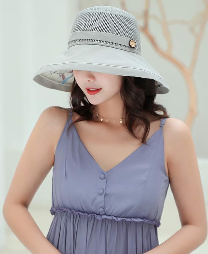 Summer Mesh Sun Hats for Women Lightweight Beach Hat Floral UPF50+ Packable Wide Brim Bucket Hat with Chin Strap Grey: Clothing