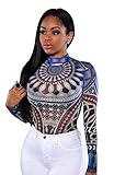 Women’s Boho Floral Long Sleeves Romper Custom High Collar Jumpsuit Bodysuit (L(US4), Blue)