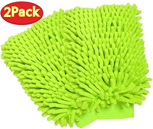 Microfiber Wash Mitt Car Cleaning Mitts Home Premium Chenille Noodle Washing Glove, 2 Pack(lime green)