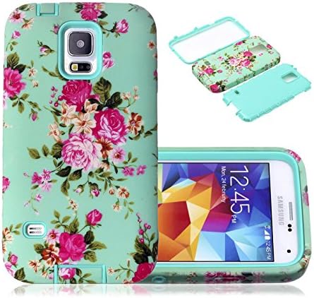 S5 Case, Galaxy S5 Case, CexCob Vintage Floral Flowers [Shockproof] 3 in 1 Hybrid Silicone TPU &amp; Plastic Rugged Heavy Duty Bumper Combo High Impact Durable Phone Case for Samsung Galaxy S5, Mint