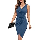 IHOT 2026 Women's Sexy V Neck Sleeveless Faux Wrap Ruched Sheath Bodycon Cocktail Party Work Dress