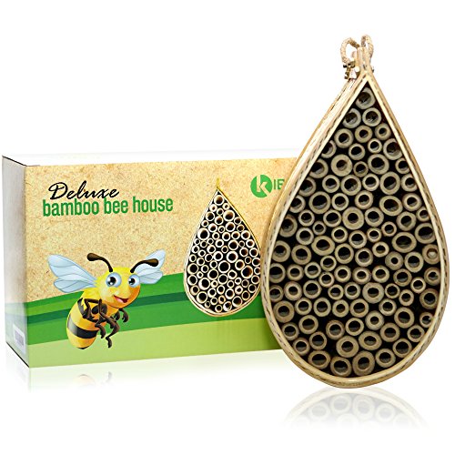 Kibaga Mason Bee House - Handmade Natural Bamboo Bee Hive - Attracts Peaceful Bee Pollinators To Enhance Your Garden's Productivity