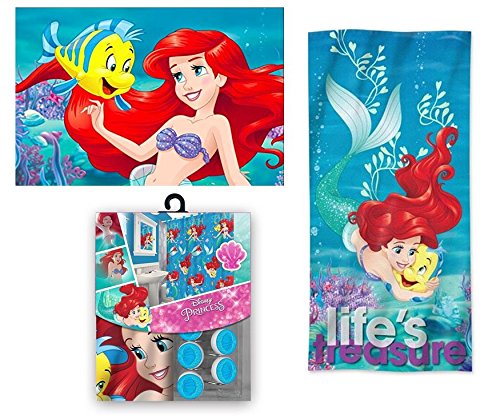 15pc Disney Ariel Little Mermaid Shower Curtain Bath Towel Foam Mat Hooks Set