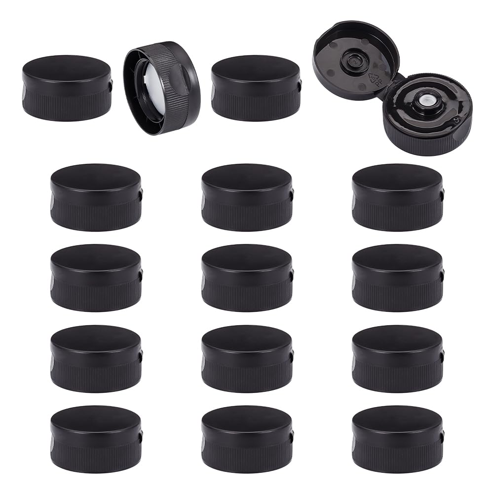 OLYCRAFT 16Pcs Black Flip Top Caps With 10mm Orifice Replacement Flip-Top Dispensing Fliptop Lid Drip Reusable Plastic Bottle Cap for Squeeze Bottle Lids Inner Diameter 38mm