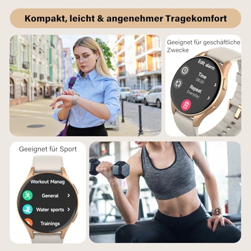 QIPOPC Smartwatch Damen Gold mit Telefonfunktion, 1.32" AMOLED Display Elegant, Fitness Uhr mit Alexa & GPS, SpO2/Puls/Zyklustracking, 5ATM Wasserdicht, Schrittzähler Uhr für Android iOS