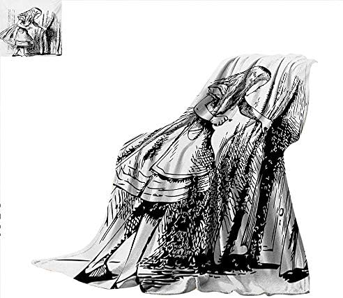 Sunsetglow Alice in Wonderland, Blankets and Throws, Black and White Alice Looking Through Curtains Hidden Door Adventure, Couch Bed Blankets Mini Size, W60 x L62 Inch, Black White