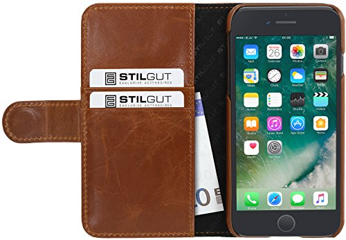 StilGut Talis, Wallet-Case with Slots, Genuine Leather Cover for iPhone 8 & iPhone 7 (4.7"), Cognac Brown
