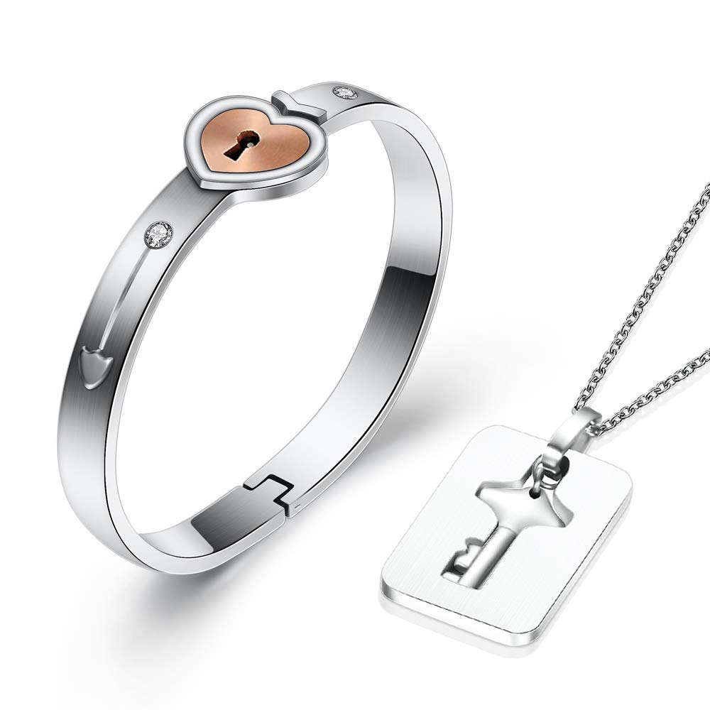 VQYSKO 2PCS Couple Necklace and Bracelet Key Lock Lovers Jewelry Set Couple Valentines Gifts with Packing Box (Rose Gold)