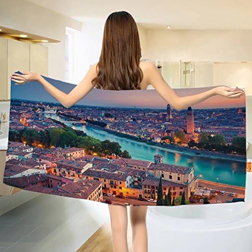 European Bath towel Verona Italy During Summer Sunset Blue Hour Adige River Medieval Historcal Cotton Beach Towel Aqua Coral Green （55"x28"）