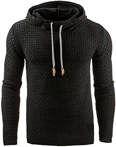 Kangwoo Hooded Shirts For Men Square Quilted Long Sleeved Solid Color Men's Hoodies Sweatshirt With Patch Details Black L