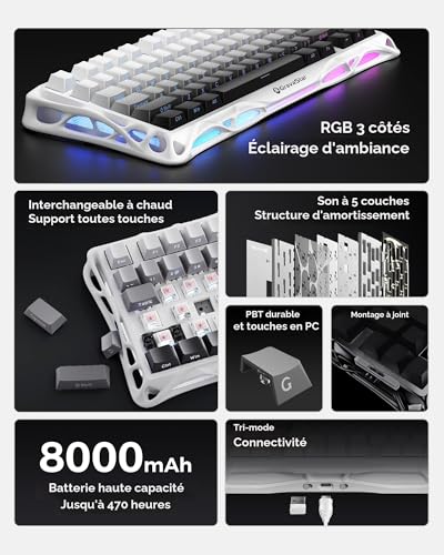 GravaStar Mercury K1 Mechanical Gaming Keyboard with BT5.0/2.4G/Type-C, 75% Gasket RGB Backlit Gamer Keyboard, Pre-Lubricated Linear Switches QWERTY Compatible