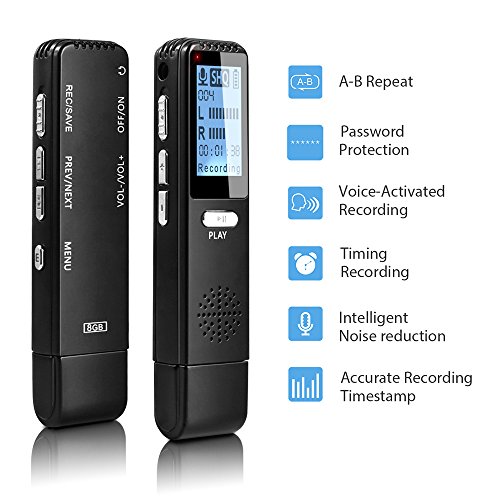 Digital Voice Activated Recorder, MAOZUA 8GB Sound Audio Recorder Dictaphone for Lectures Meetings, USB Rechargeable Recorder with MP3 Player,Metal Casing