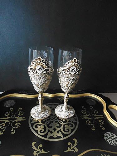 Wineglasses with medallion for monogram / initials. Set of two. Wedding glasses. Champagne flutes. Glasses with lace and ornament with oval. Engraved ornament. Artificially aged.