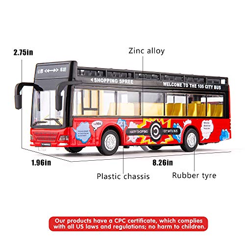 TGRCM-CZ 1/32 Scale Double Decker Bus Casting Car Model, Zinc Alloy Toy Car for kids, Pull Back Vehicles Toy Car with Lights and Sound for Toddlers Kids Boys Girls (Red)