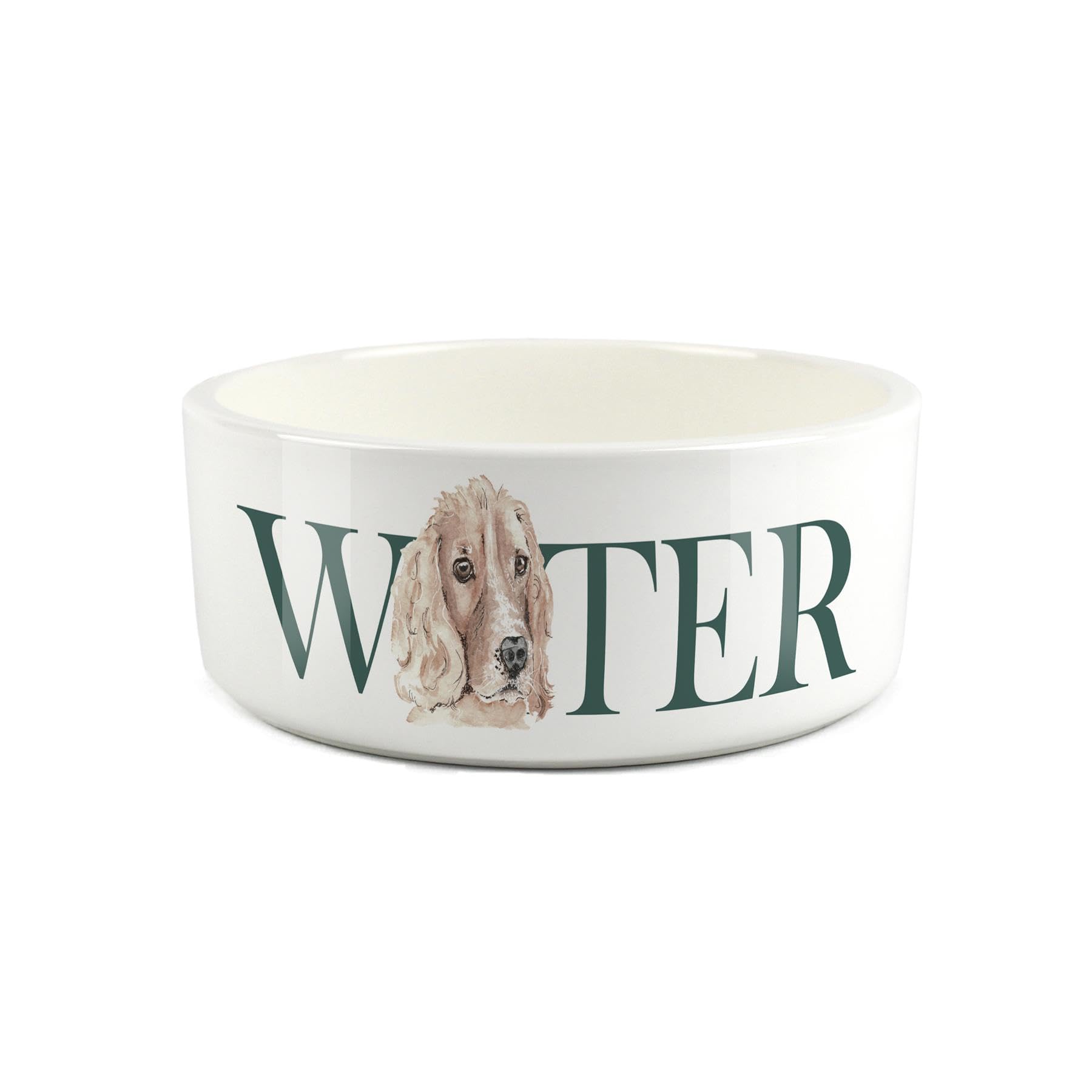 Cocker Spaniel Pet Bowl - Large Ceramic Water Bowl - White Water Dish For Dogs