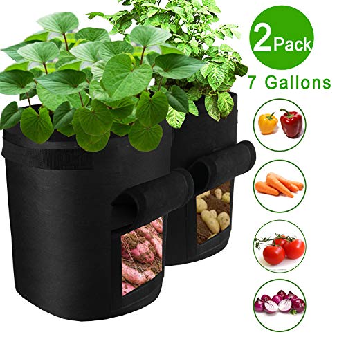 TQQFUN 2 Pack 7 Gallon Smart Potato Grow Bags Velcro Window Vegetable Grow Bags, Double Layer Premium Breathable Nonwoven Cloth for Potato/Plant Container/Aeration Fabric Pots with Handles(Black)