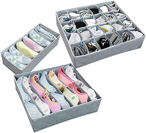 3Pcs/Set Underwear Sock Drawer Closet Organizer Collapsible Fabric Foldable Storage Boxes Draw Organizers Divider for Panties Bra Socks Tie Belt Lingerie Clothing (Gray)