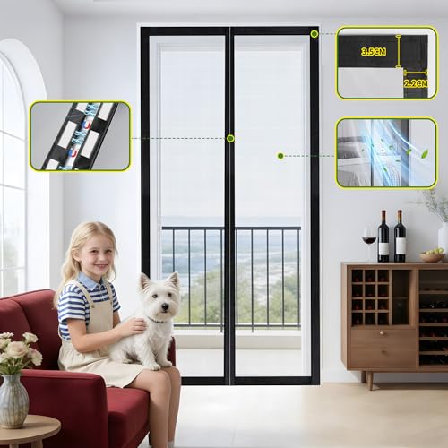 COMYESA Fly Screens for Doors – Durable Door Fly Screen Curtain with Magnetic Fly Screen Door, Hands-Free Auto Closing, No Drill Installation, 90x210cm