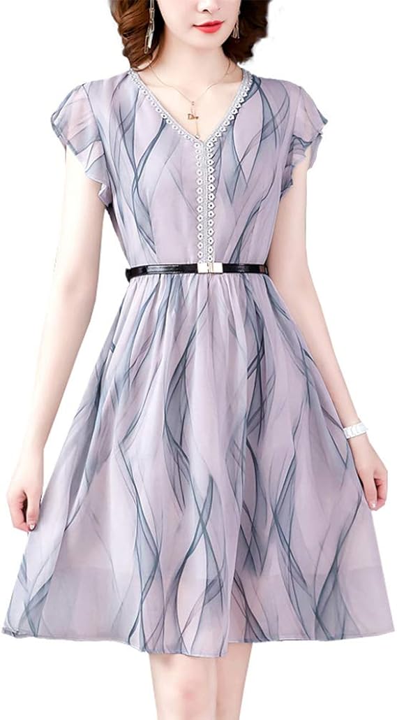 Amazon Gergeousワンピース レディース 半袖 ひざ丈 フレアワンピース Vネック プリント柄 フェミニン Aライン 着痩せ エレガント 夏ワンピース 大きいサイズ ワンピース チュニック 通販
