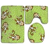 Green Clever Monkey 3-Piece Soft Bath Rug Set Includes Bathroom Mat Contour Rug Lid Toilet Cover Home Decorative Doormat