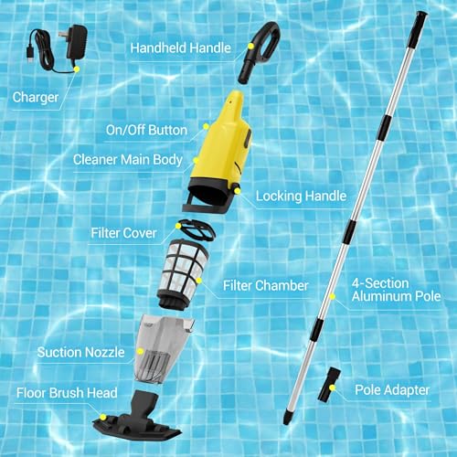 Hushlight Cordless Pool Vacuum Cleaner, Handheld Rechargeable Above Ground Pool Vacuum Cleaner, 20 gallons/min Powerful Suction for Debris Cleaning（Light Yellow）