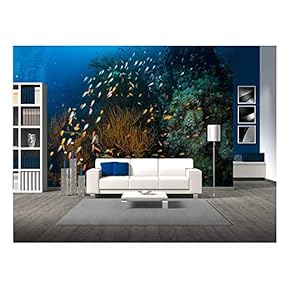 Tropical Fish on Background of a Coral Reef - Removable Wall Mural | Self-Adhesive Large Wallpaper - 66x96 inches