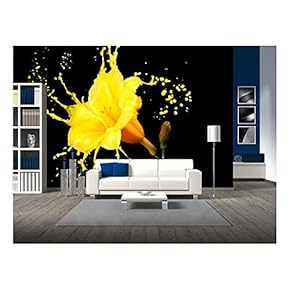Bright Flower with Yellow Splashes on Black Background - Removable Wall Mural | Self-Adhesive Large Wallpaper - 66x96 inches