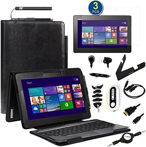 BIRUGEAR 12 Items Essential Accessories Bundle Kit for Asus Transformer Book T100 / T100TAF / T100T / T100TA / T100TAL / T100TAM - 10.1 inch Windows 8.1 Tablet (Black Leather Portfolio Stand Case Cover with Keyboard Support included)