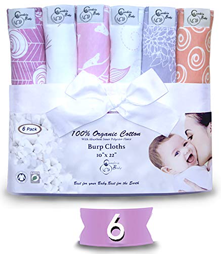 6 Pack Organic Premium Cotton Burp Cloths for Girls, Extra Large, Reversible, with 3 Layer Inner Fleece Absorbency, 10"x22", Baby Shower Gift