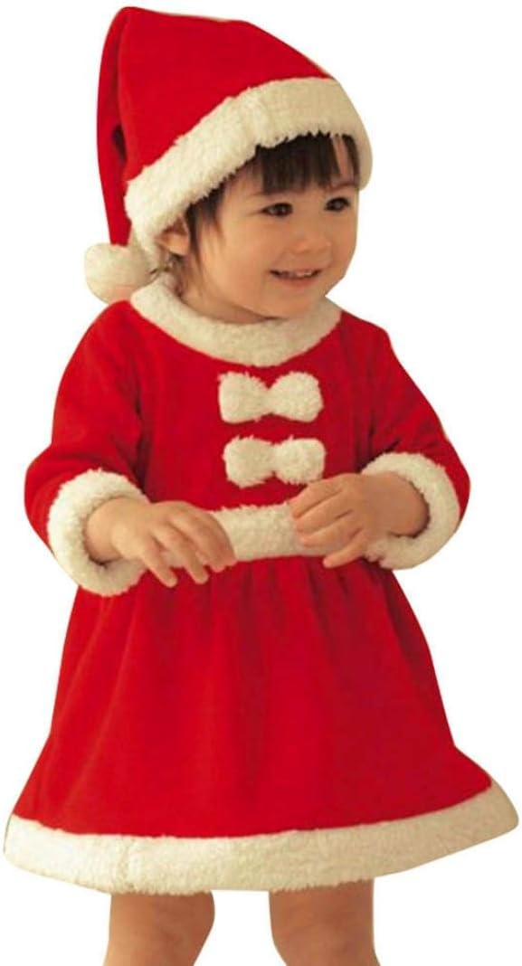 AliveGOT Xmas Cos Clothes Toddler Kid Baby Girl Christmas Costume Bowknot Party Dresses+Hat Outfit