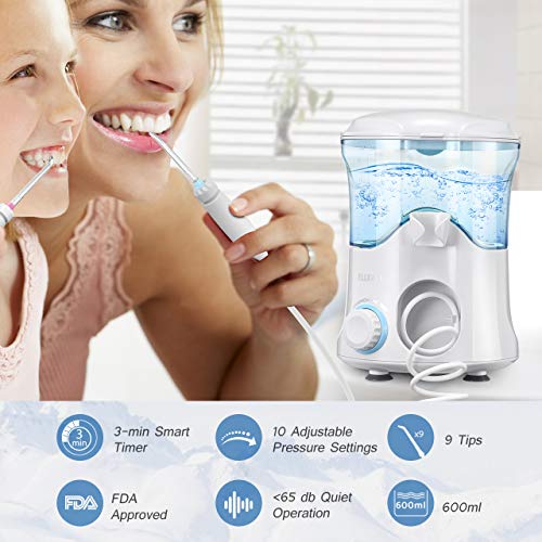 Water Flosser, ELLESYE Oral Irrigator 600ml with 9 Multifunctional Jet Tips, 3 Min Timer, Dental Water Flosser for Braces Care & Teeth Cleaning, Quiet Design for Adults & Kid Use White