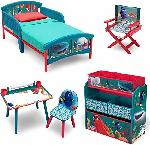 NEW! 5 Set Room-in-a-Box Toddler Bed with Safety Rails Multi-Bin Toy Organizer with Six Fabric Toy Box Table and Chair Art Desk Set, Plus Director's Chair (Disney Finding Dory)