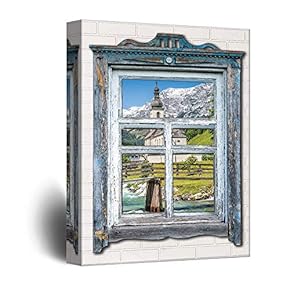 Canvas Wall Art Rustic View Through Vintage Window Theme Painting Artwork for Home Prints Framed - 12x18 inches