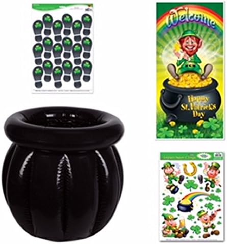 St Patrick's Day Party Bundle: One Pot of Gold Cooler, Door Hanger, and Leprechaun and Shamrock Clings for Decorating Indoors/Outdoors