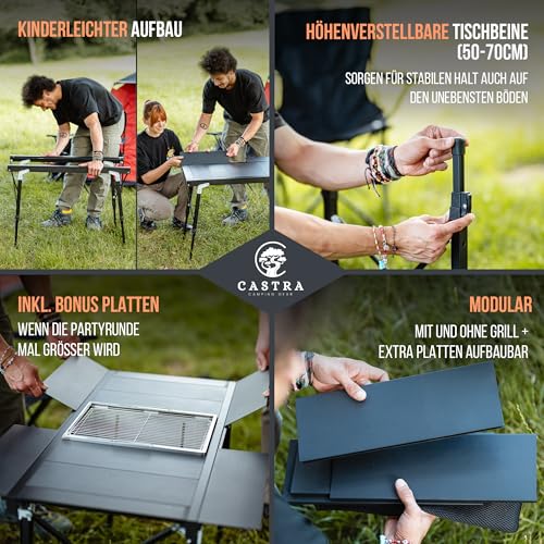 Castra Premium Camping Table with Integrated Grill - Aluminium 7075, Height Adjustable, Outdoor Weatherproof, Innovative Folding System, Multifunctional Table & Camping Accessories for Garden, Travel & Fishing
