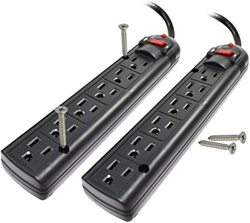 Rycast 6 Outlet Black Surge Protector Power Strip, Wall Mount, 750 Joules, 6 Foot, Right Angle Plug, 2 PACK DEAL