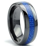 8MM Dome Men's Black Ceramic Ring Wedding Band With Blue Carbon Fiber Inlay Size 8