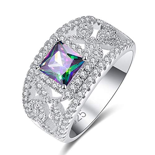 Mavonne 925 Sterling Silver Created Rainbow Topaz Filled Princess Cut Wide Band Knuckle Ring for Women (Color : Rainbow, Size : 8)