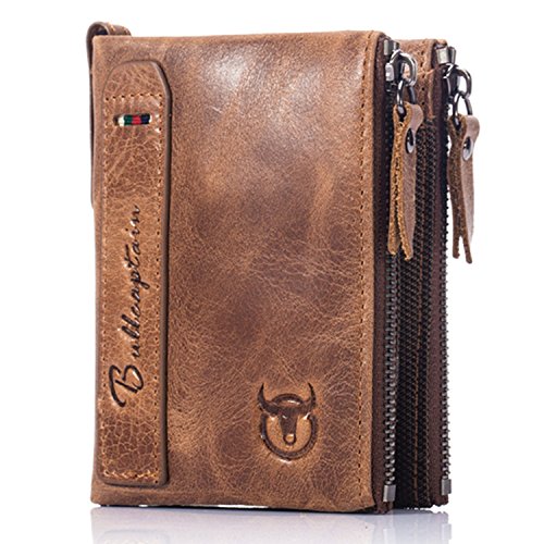 BULL CAPTAIN Wallets for Men with Double Zip Coin Purse Bifold Vintage Genuine Leather Slim Front Pocket Wallet Money Clip QB-6 (Brown)