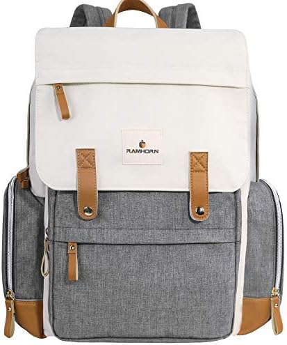 Diaper Bag, Multi-Function Travel Diaper Backpack Baby Maternity Nappy Changing Bag with Insulated Pocket, Durable Stylish &Waterproof, White&Gray by Ramhorn