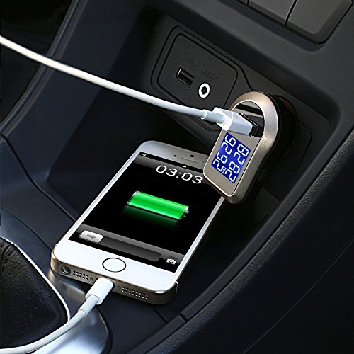 Vesafe Wireless Tire Pressure Monitoring System (TPMS), with 4 External Cap sensors. (Cigarette Lighter Plug with 2A Charging) (Color)