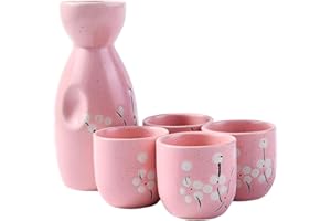 BOSILI Ceramic Japanese Sake Set 1 Saki Bottle and 4 Cups 5 Pieces Plum Blossom Style for Sake and Wine(Pink)