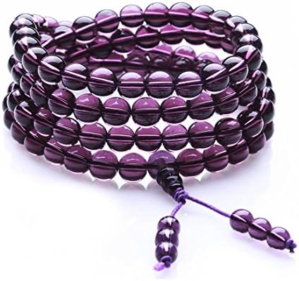 Genuine Amethyst Crystal Mala 108 Beads Bracelet Meditation Beaded Buddhist Prayer Semi Precious Stone Healing Necklace Yoga Bracelets Elastic Wrist Bangle For Men Womens Chakra Anxiety Stress,8mm