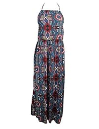 Mogul Womens Blue Cotton Dress Floral Print Summer Chic Halter Dress