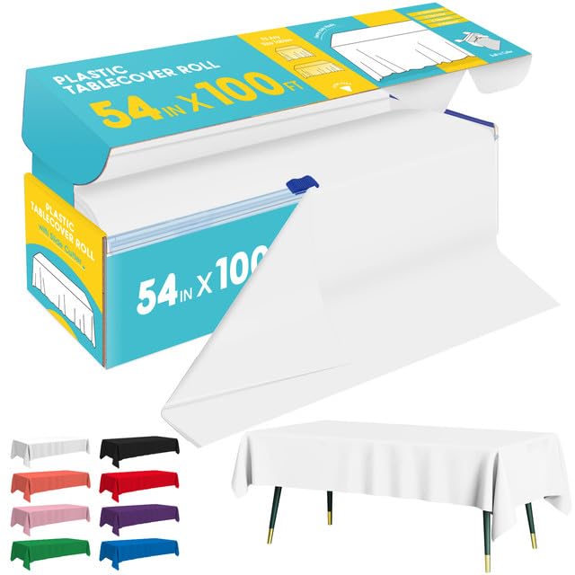 Photo 1 of Niuara White Plastic Table Cover Roll - 54IN x 100FT, Table Cloth for Rectangle Table with Slide Cutter, Plastic Table Cloth Disposable with Cut-to-Size Design for Weddings, Banquets, Parties