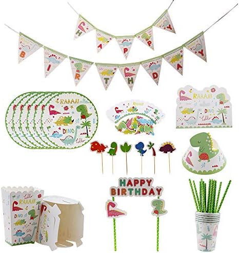 DERAYEE 121 PCS Dinosaur Party Supplies Cups Plates Hats Napkins Happy Birthday Banner Tablecloth for Kids Birthday Celebration Dinosaur Themed Party Decoration