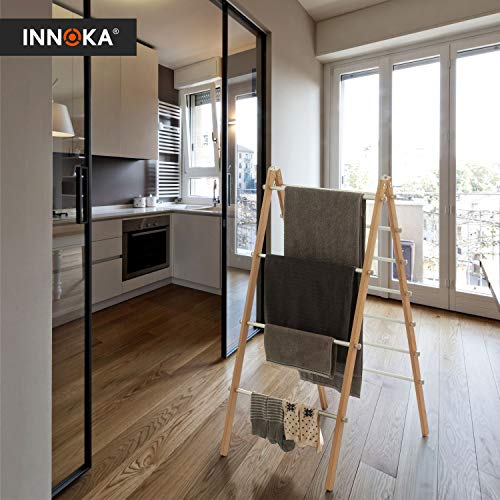 INNOKA Modern Folding Laundry Ladder Towel Rack [Lightweight Beechwood Frame] Multi-Tier Foldable Space Saving Dryer Shelf with 5m Drying Space and Max Load 8kg for Wet Clothes and Towels - Thumbnail 5
